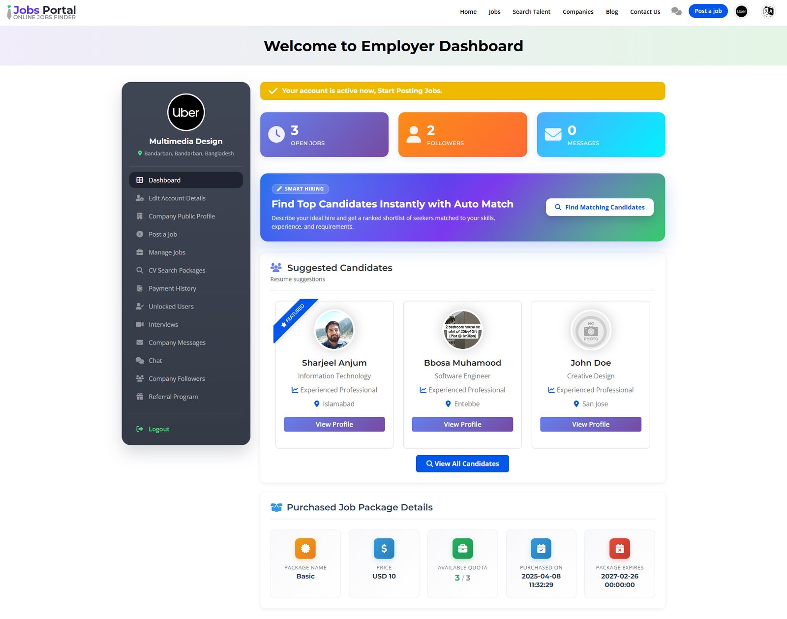 Jobs Portal employer dashboard with applicant Kanban and analytics
