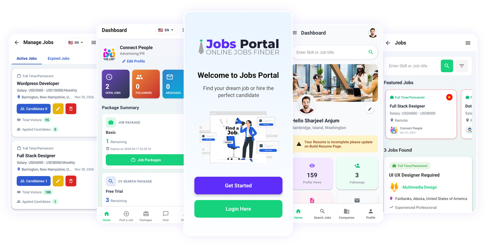 JobsPortal jobseeker mobile app screenshots for Android and iOS