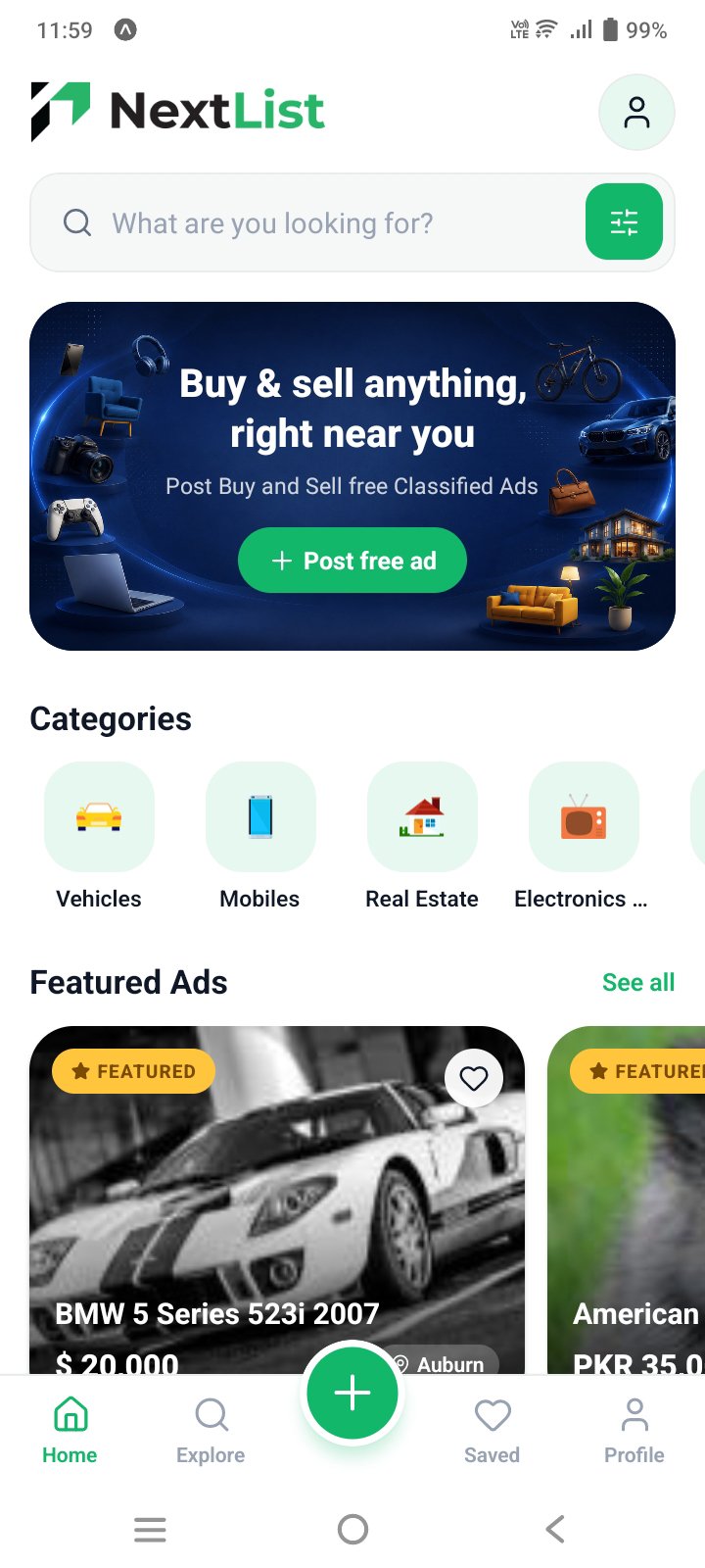 NextList app home screen